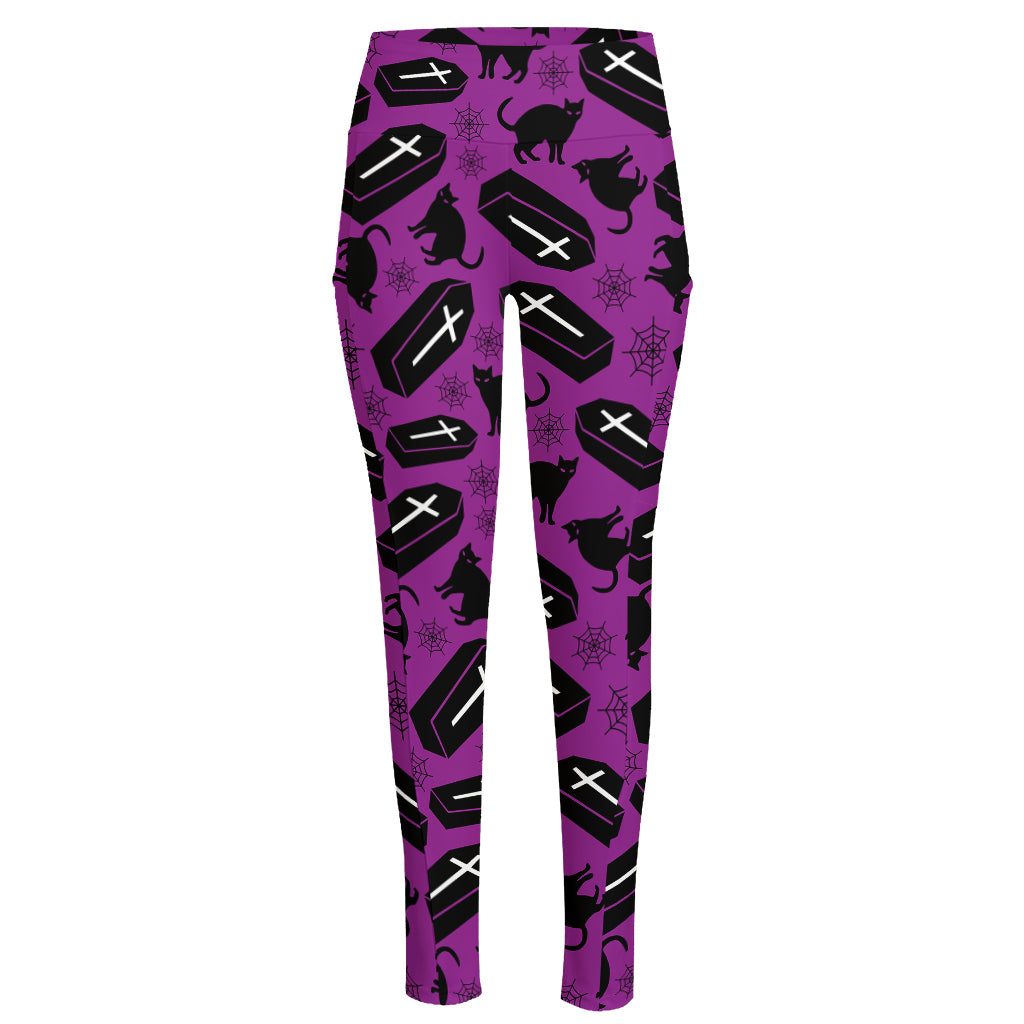 Purple Halloween Coffin Pattern Print High-Waisted Pocket Leggings