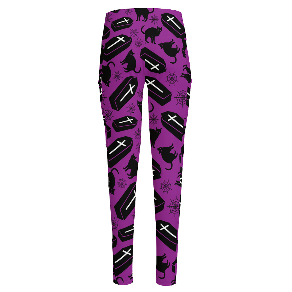 Purple Halloween Coffin Pattern Print High-Waisted Pocket Leggings