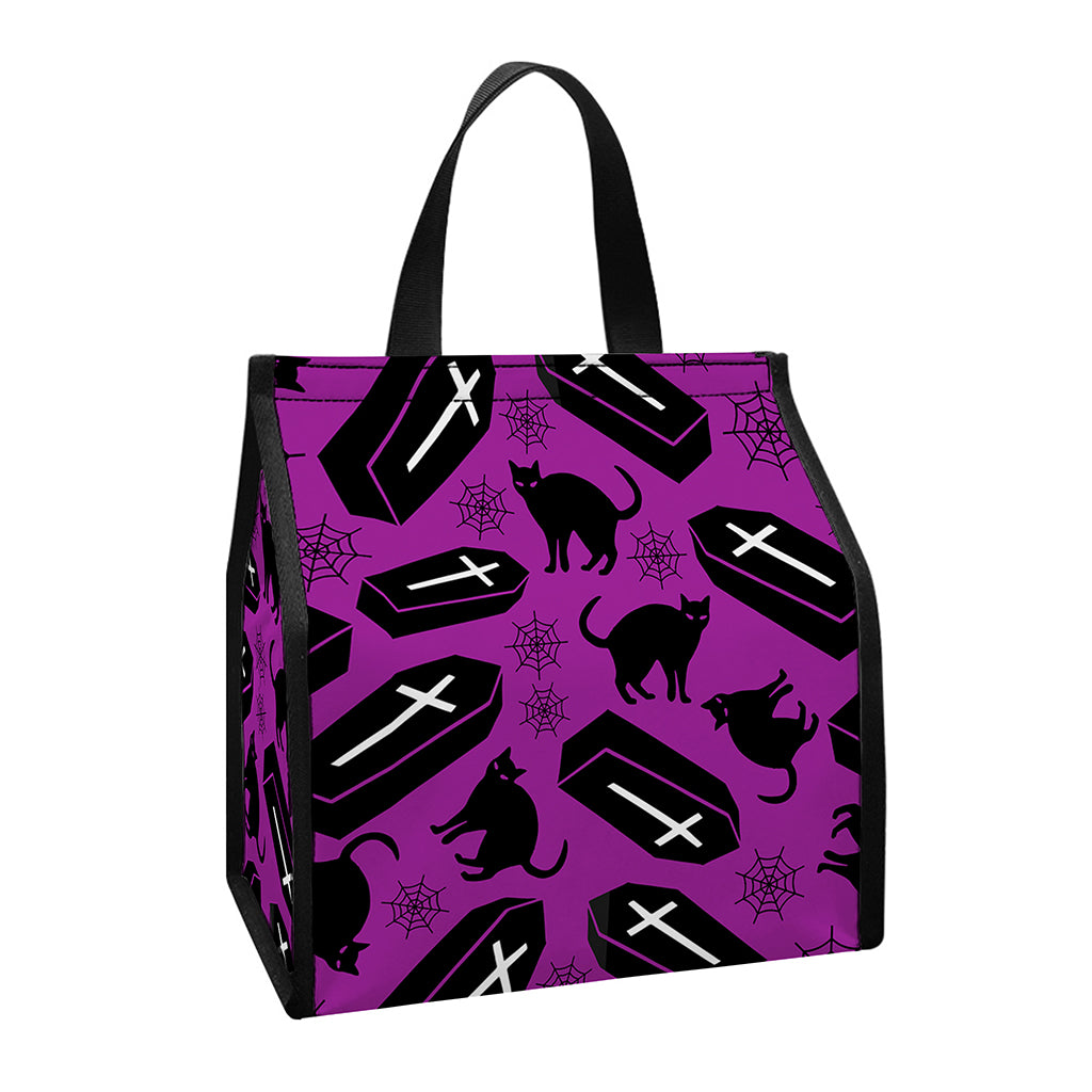 Purple Halloween Coffin Pattern Print Insulated Lunch Tote