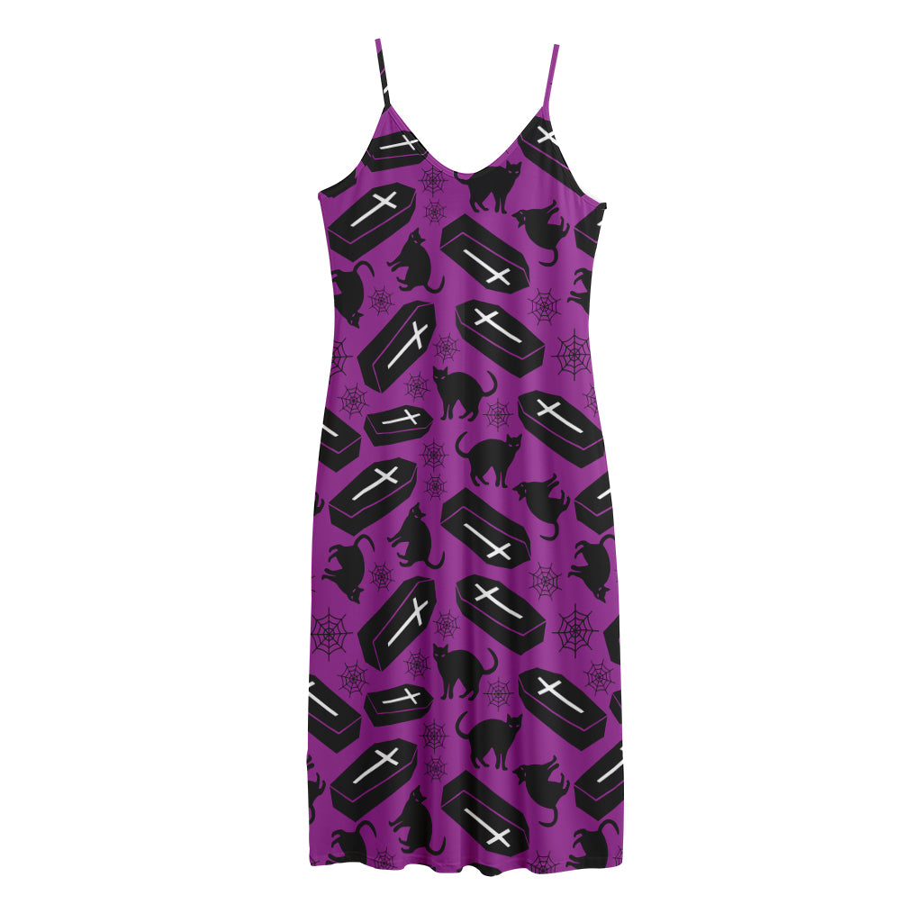 Purple Halloween Coffin Pattern Print Jersey Midi Cami Dress