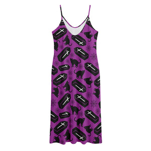 Purple Halloween Coffin Pattern Print Jersey Midi Cami Dress