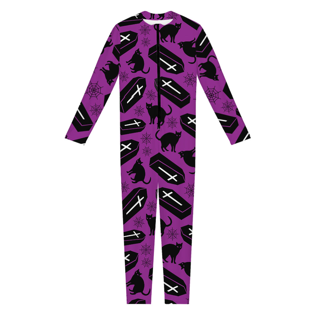 Purple Halloween Coffin Pattern Print Jumpsuit