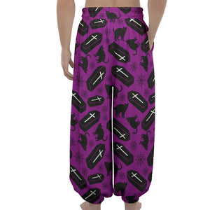 Purple Halloween Coffin Pattern Print Lantern Pants