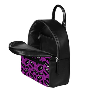 Purple Halloween Coffin Pattern Print Leather Backpack