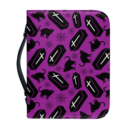 Purple Halloween Coffin Pattern Print Leather Bible Cover