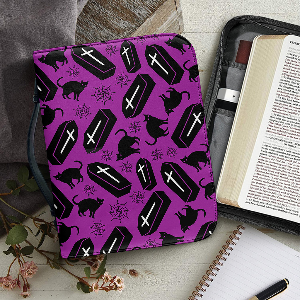 Purple Halloween Coffin Pattern Print Leather Bible Cover