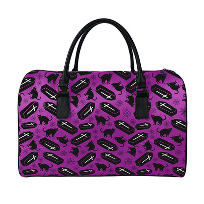 Purple Halloween Coffin Pattern Print Leather Duffle Bag