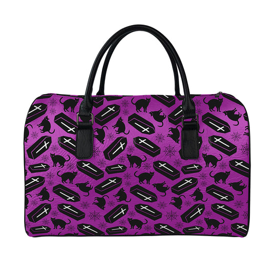 Purple Halloween Coffin Pattern Print Leather Duffle Bag