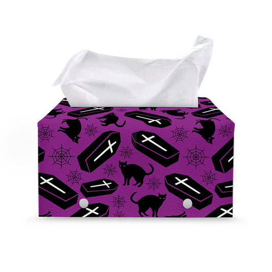 Purple Halloween Coffin Pattern Print Leather Tissue Box Cover