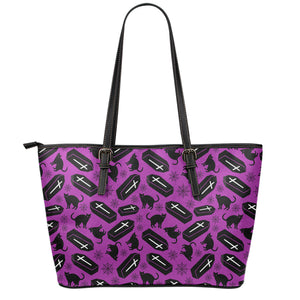 Purple Halloween Coffin Pattern Print Leather Tote Bag