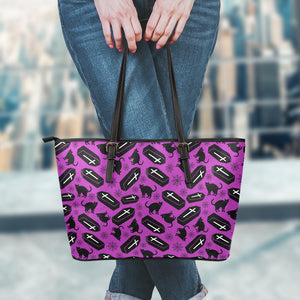 Purple Halloween Coffin Pattern Print Leather Tote Bag