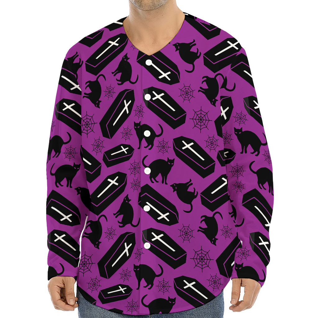 Purple Halloween Coffin Pattern Print Long Sleeve Baseball Jersey