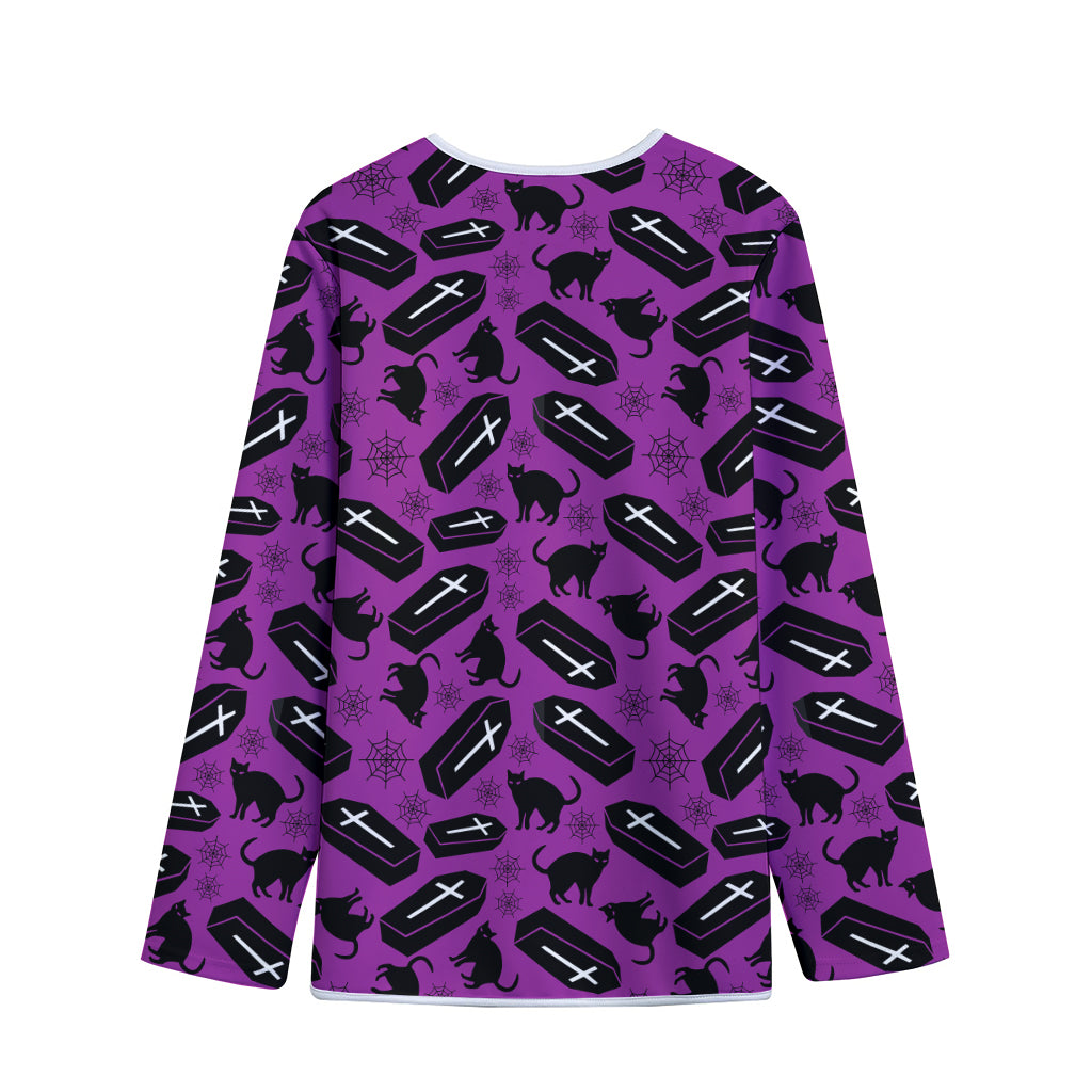 Purple Halloween Coffin Pattern Print Long Sleeve Short Coat