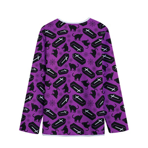 Purple Halloween Coffin Pattern Print Long Sleeve Short Coat