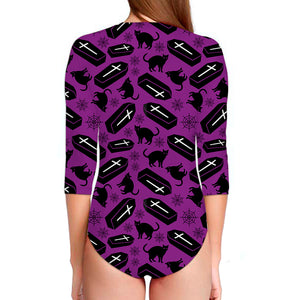 Purple Halloween Coffin Pattern Print Long Sleeve Swimsuit