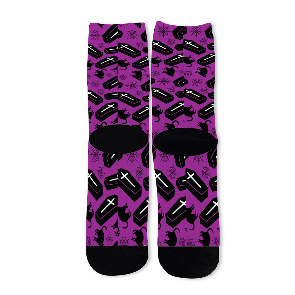 Purple Halloween Coffin Pattern Print Long Socks