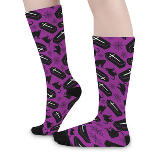 Purple Halloween Coffin Pattern Print Long Socks