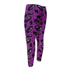 Purple Halloween Coffin Pattern Print Men's Compression Pants