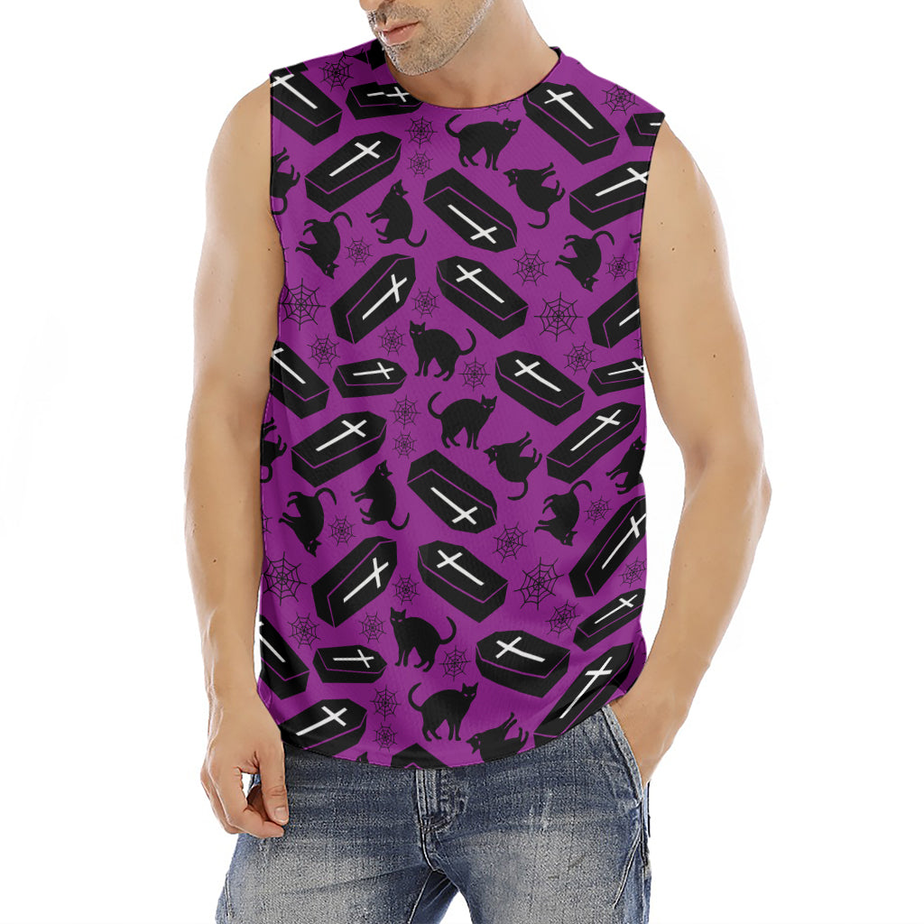 Purple Halloween Coffin Pattern Print Men's Fitness Tank Top