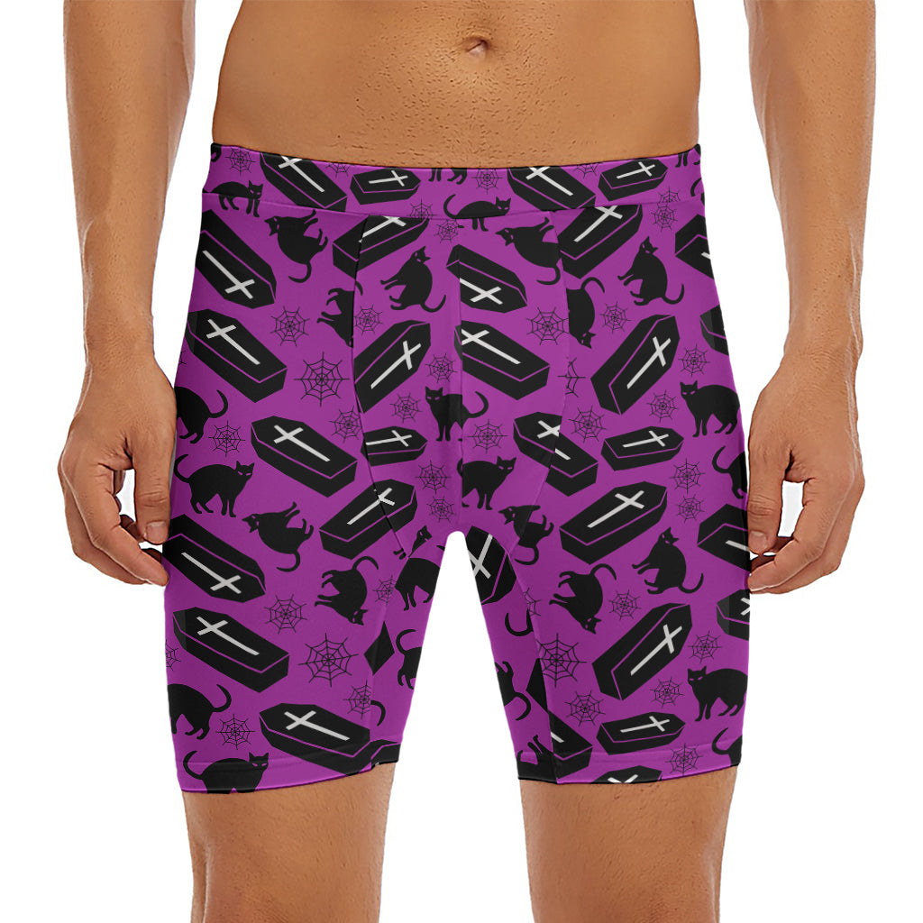 Purple Halloween Coffin Pattern Print Men's Long Boxer Briefs