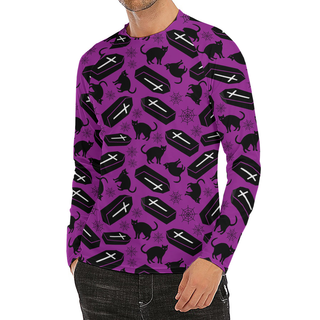 Purple Halloween Coffin Pattern Print Men's Long Sleeve Rash Guard