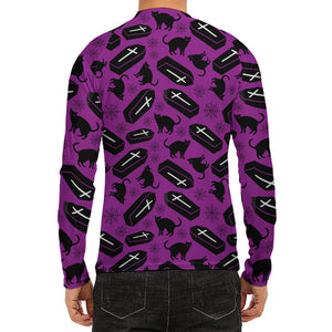 Purple Halloween Coffin Pattern Print Men's Long Sleeve Rash Guard