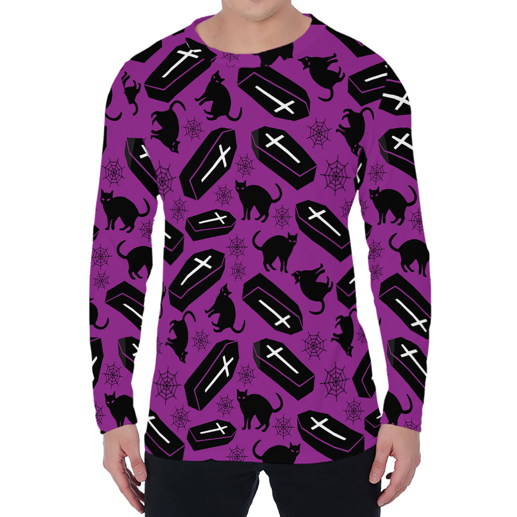 Purple Halloween Coffin Pattern Print Men's Long Sleeve T-Shirt