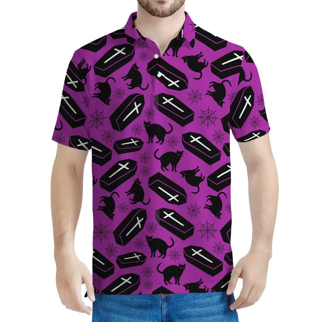 Purple Halloween Coffin Pattern Print Men's Polo Shirt