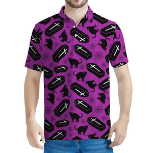 Purple Halloween Coffin Pattern Print Men's Polo Shirt