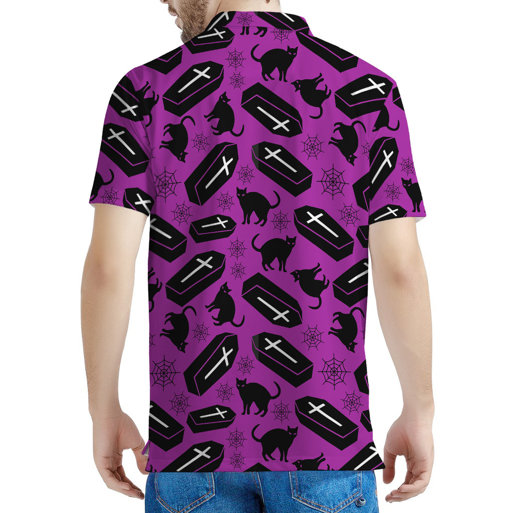 Purple Halloween Coffin Pattern Print Men's Polo Shirt