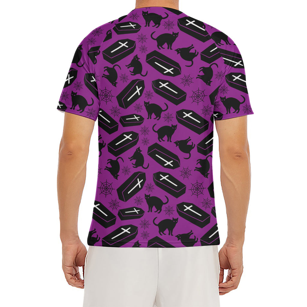 Purple Halloween Coffin Pattern Print Men's Short Sleeve Rash Guard