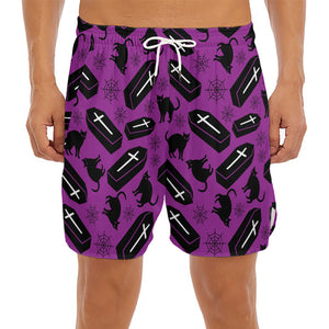 Purple Halloween Coffin Pattern Print Men's Split Running Shorts