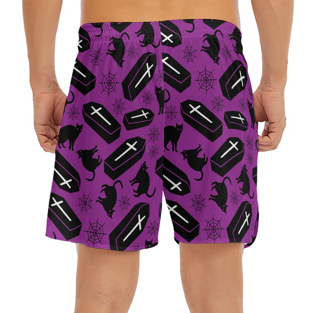 Purple Halloween Coffin Pattern Print Men's Split Running Shorts