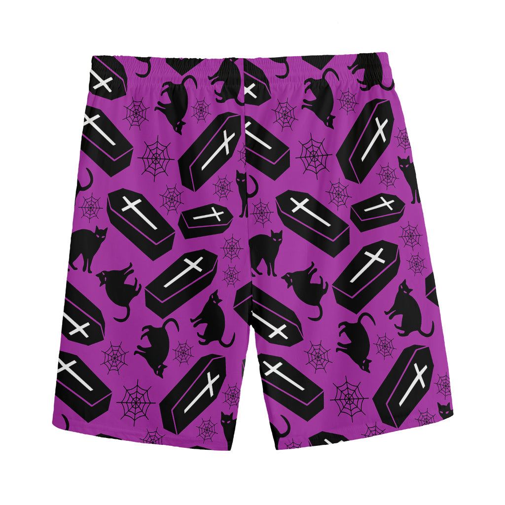 Purple Halloween Coffin Pattern Print Men's Sports Shorts