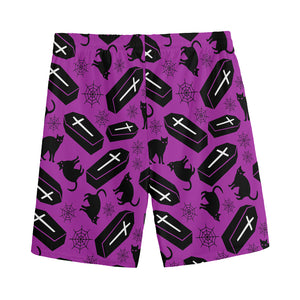 Purple Halloween Coffin Pattern Print Men's Sports Shorts