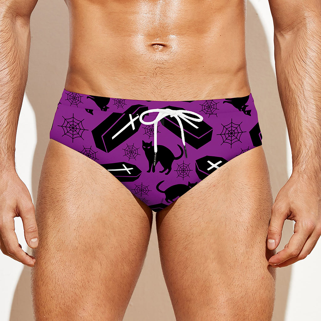 Purple Halloween Coffin Pattern Print Men's Swim Briefs
