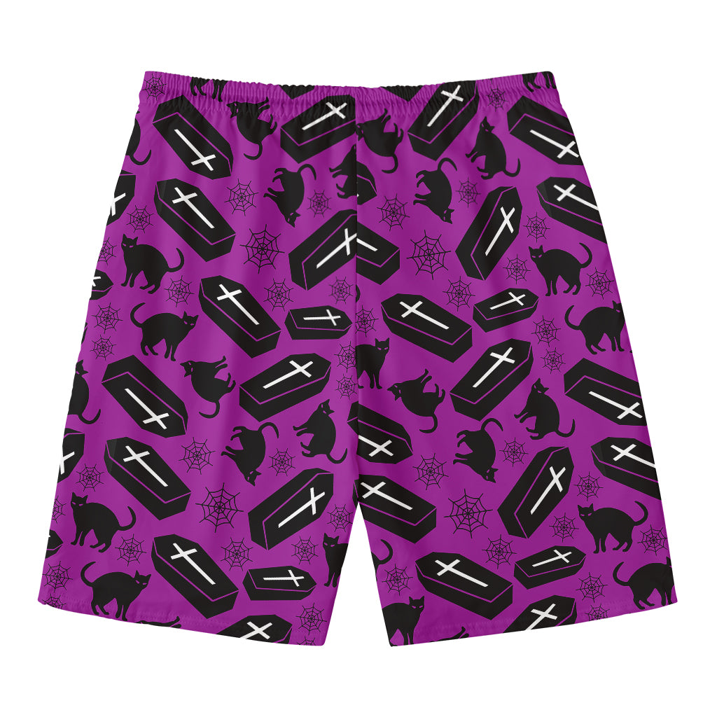 Purple Halloween Coffin Pattern Print Men's Swim Trunks