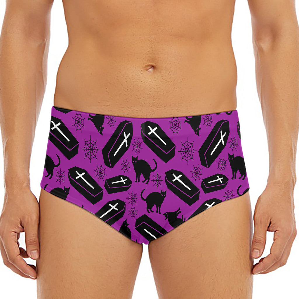 Purple Halloween Coffin Pattern Print Men's Triangle Swim Briefs