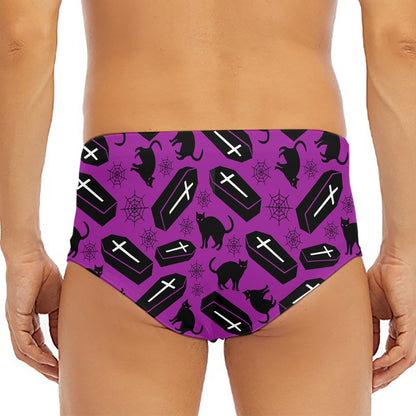 Purple Halloween Coffin Pattern Print Men's Triangle Swim Briefs