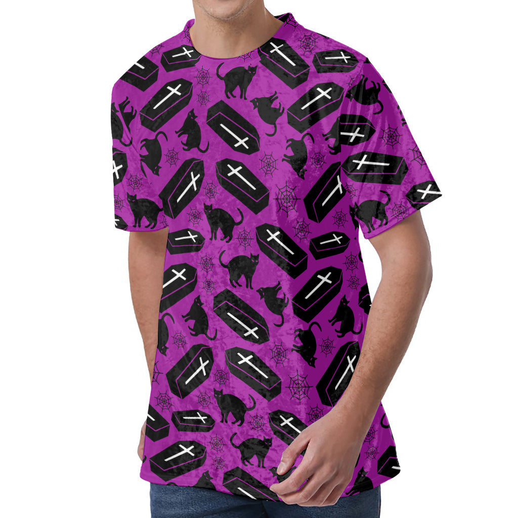 Purple Halloween Coffin Pattern Print Men's Velvet T-Shirt