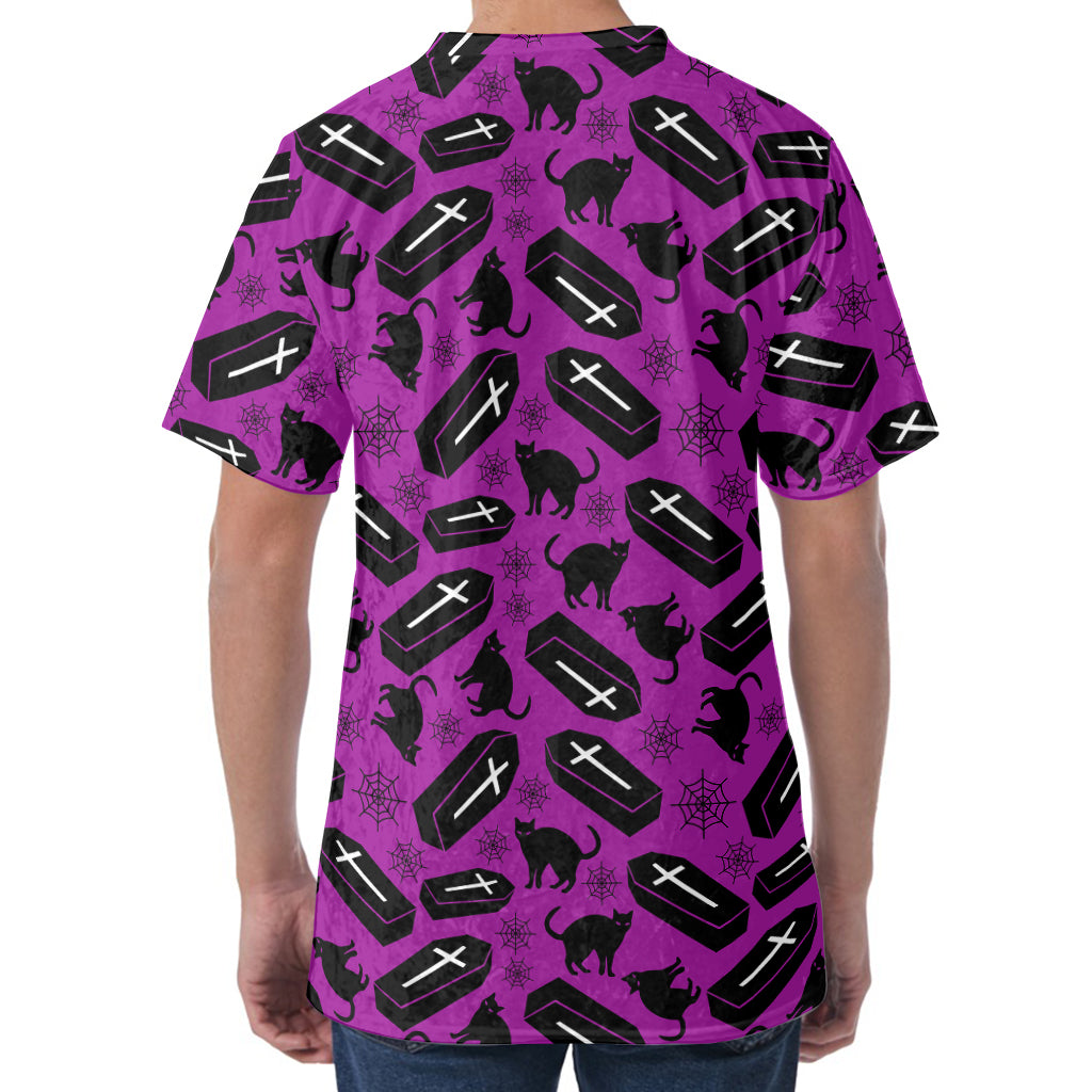 Purple Halloween Coffin Pattern Print Men's Velvet T-Shirt