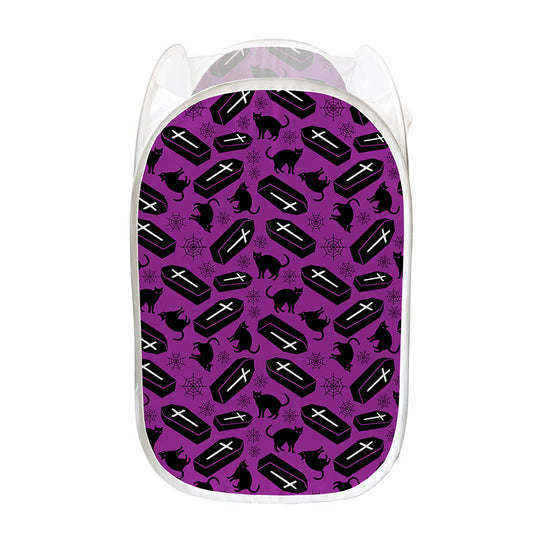 Purple Halloween Coffin Pattern Print Mesh Laundry Hamper