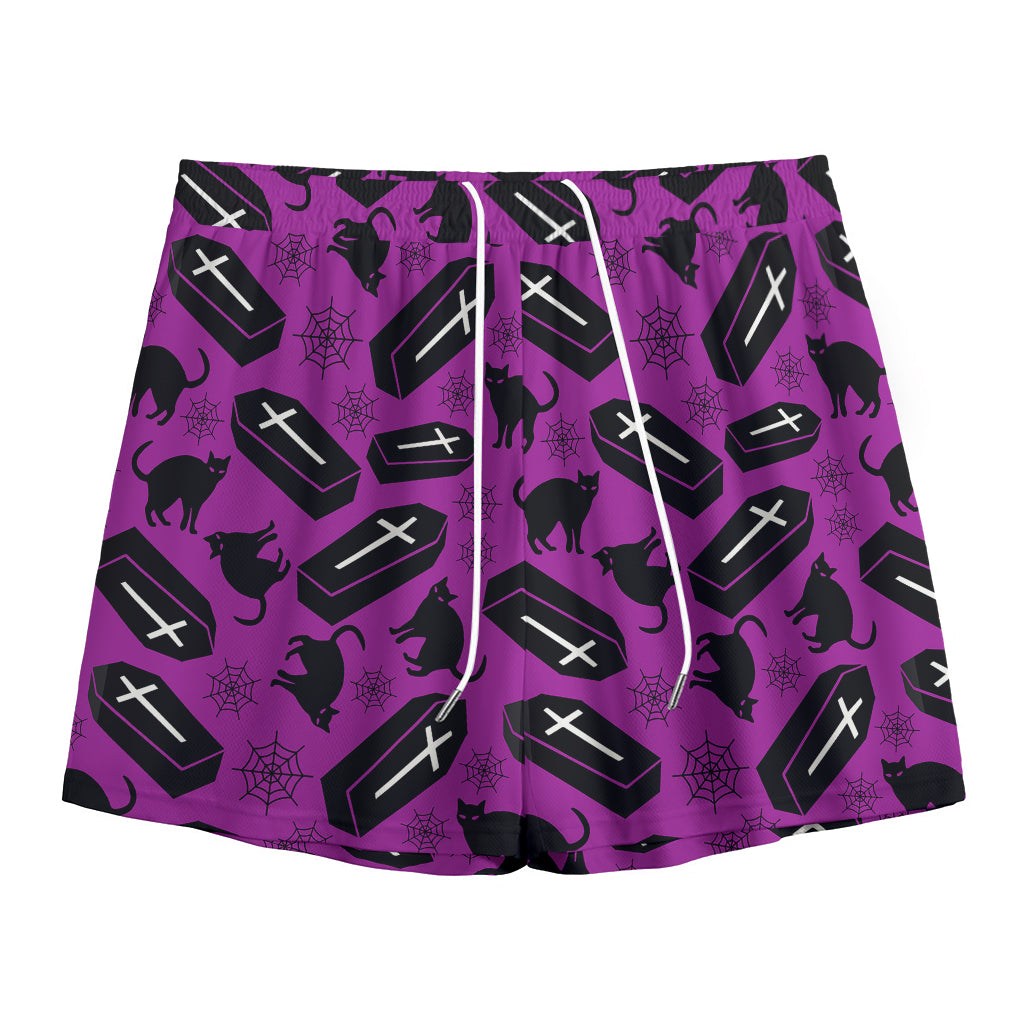 Purple Halloween Coffin Pattern Print Mesh Shorts