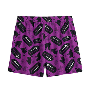 Purple Halloween Coffin Pattern Print Mesh Shorts