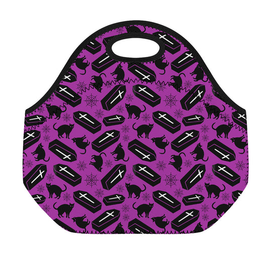 Purple Halloween Coffin Pattern Print Neoprene Lunch Bag