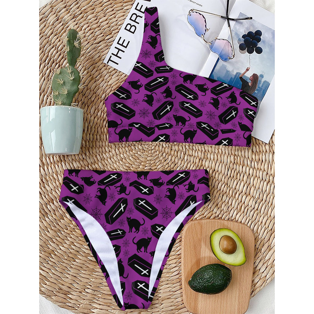 Purple Halloween Coffin Pattern Print One Shoulder Bikini Top