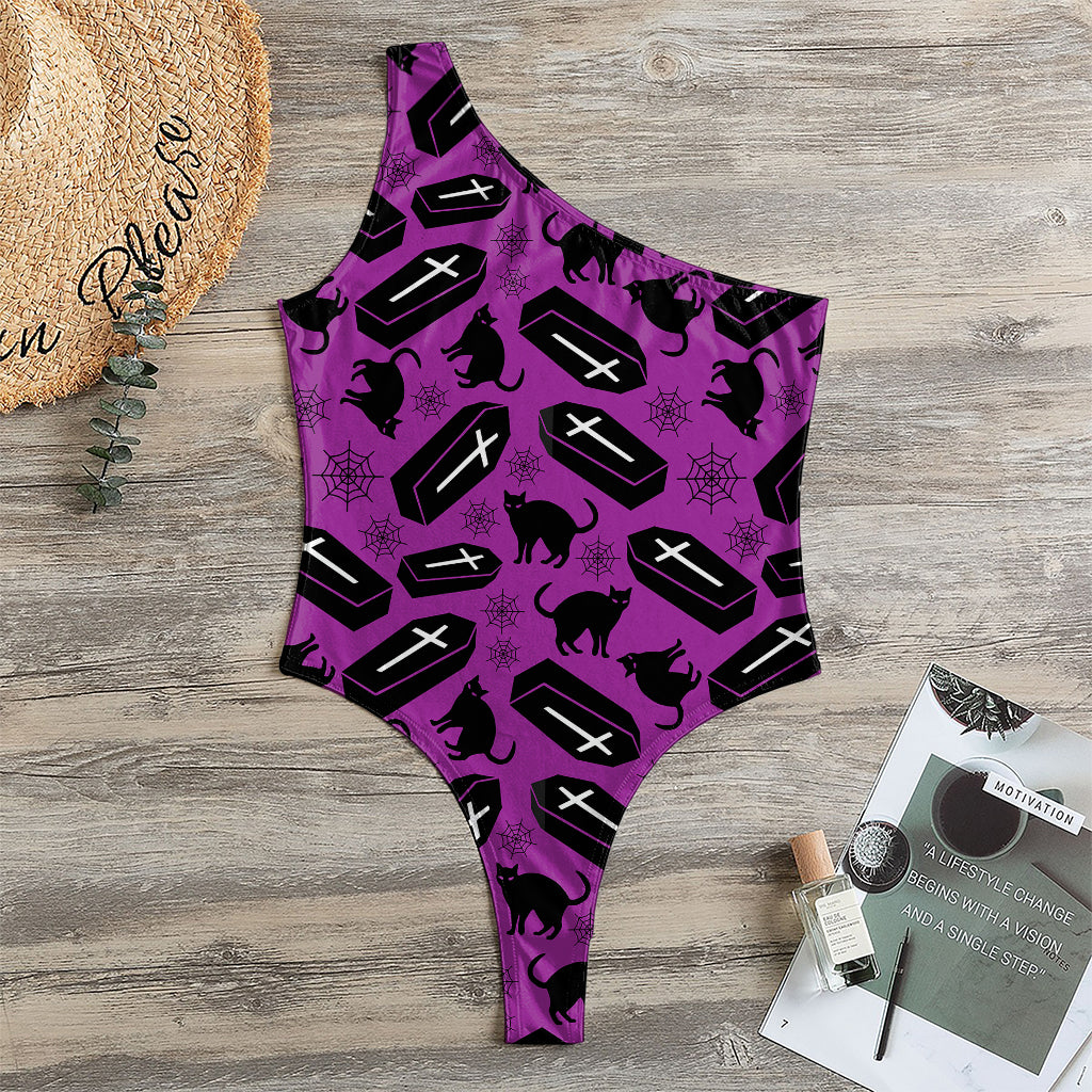 Purple Halloween Coffin Pattern Print One Shoulder Bodysuit