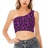 Purple Halloween Coffin Pattern Print One Shoulder Crop Top