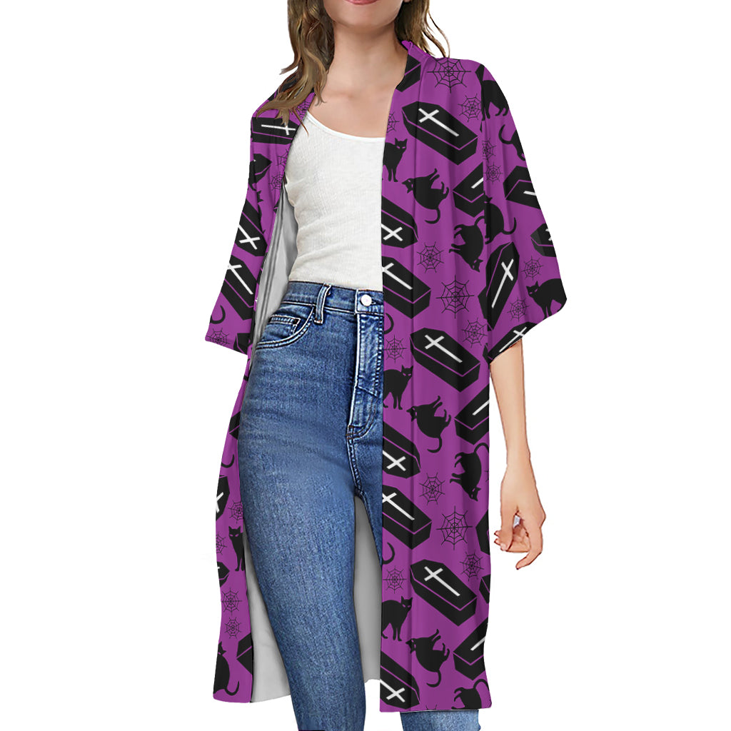 Purple Halloween Coffin Pattern Print Open Front Beach Cover Up