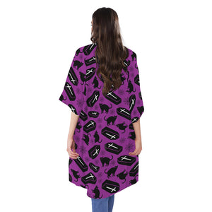 Purple Halloween Coffin Pattern Print Open Front Beach Cover Up